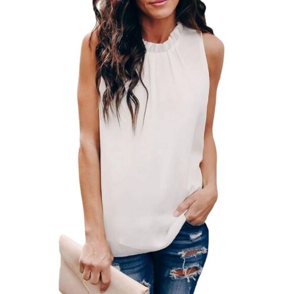 ALLIMY WHITE WOMEN SUMMER RUFFLE TRIM NECKLINE TANK TOPS DOUBLE LINED CHIFFON BL - Picture 2 of 12